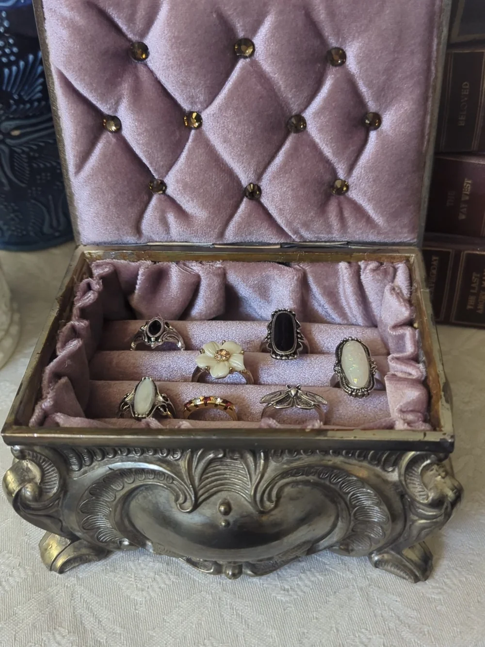 Ornate Metal Jewelry Casket – Hand-Restored Velvet Interior